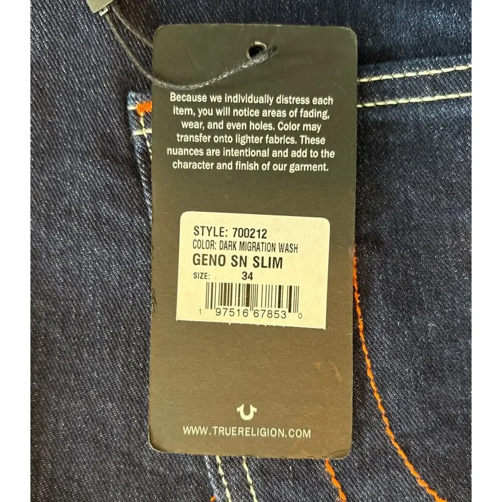 NWT True Religion Geno SN Slim Jeans 34x32 Dark Migration Wash Denim 5 Pocket